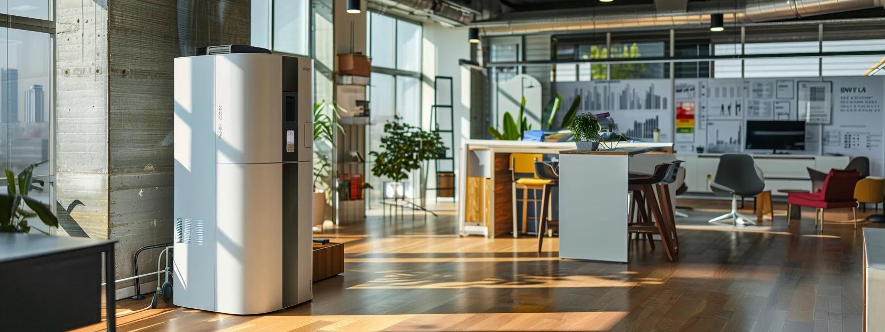 a modern office setting showcases a sleek solar water heater prominently displayed, with architectural blueprints and eco-friendly design elements in the background, emphasizing innovative renewable energy solutions for sustainable living.