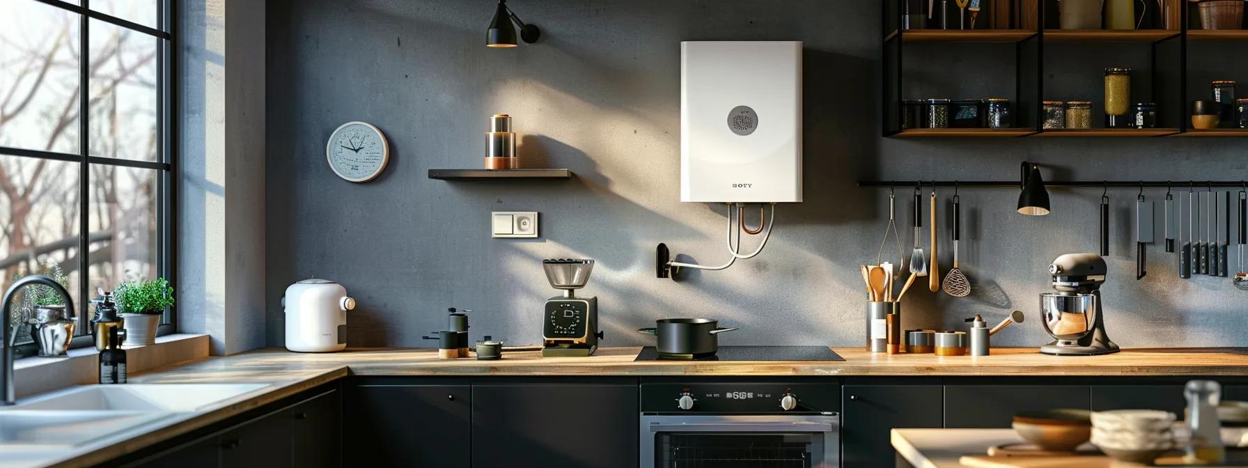 a sleek, modern kitchen showcases two contrasting water heaters—one compact tankless model mounted on the wall and a traditional bulky tank heater—highlighting the stark differences in efficiency and design against a backdrop of polished countertops and minimalist decor.